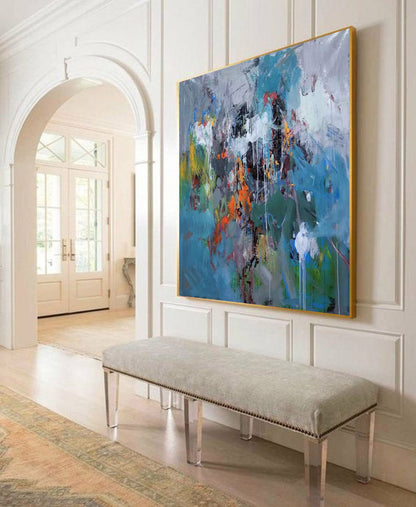 Colorful Abstract Expressionist Canvas – Textured Modern Wall Art with Teal, Orange & Black