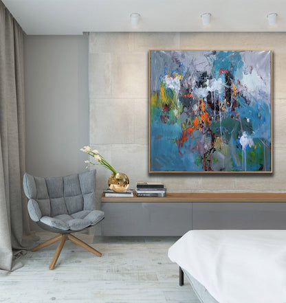 Colorful Abstract Expressionist Canvas – Textured Modern Wall Art with Teal, Orange & Black