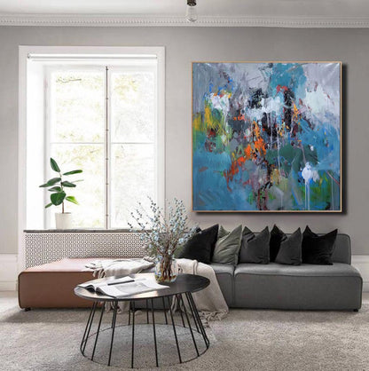 Colorful Abstract Expressionist Canvas – Textured Modern Wall Art with Teal, Orange & Black