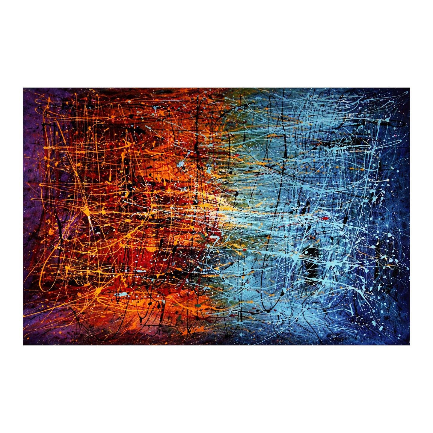 Horizontal abstract expressionist painting with orange and blue splatter textures and layered drip patterns.