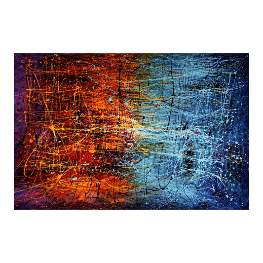 Horizontal abstract expressionist painting with orange and blue splatter textures and layered drip patterns.