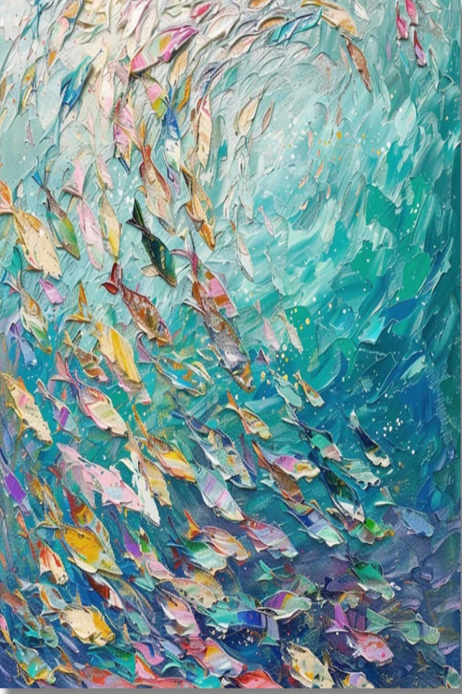 Colorful abstract painting of fish swimming in a wave-like formation.
