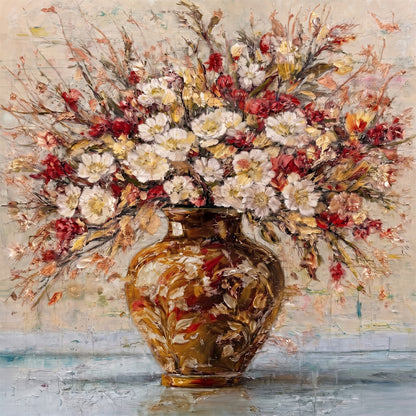 Hand-painted abstract floral painting with white and red flowers in amber glass vase, textured brushstrokes on neutral beige background