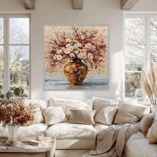 Hand-painted floral wall art above neutral sofa in bright living room with natural light, warm tones and elegant interior styling