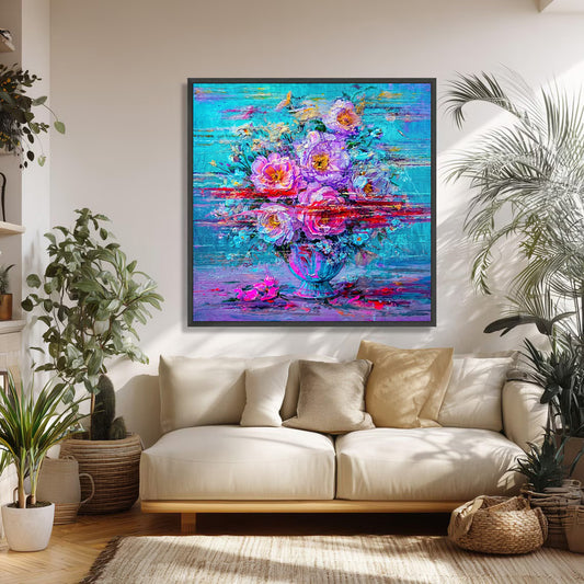 Hand-painted floral wall art above neutral sofa in bright living room with plants, highlighting turquoise and pink tones