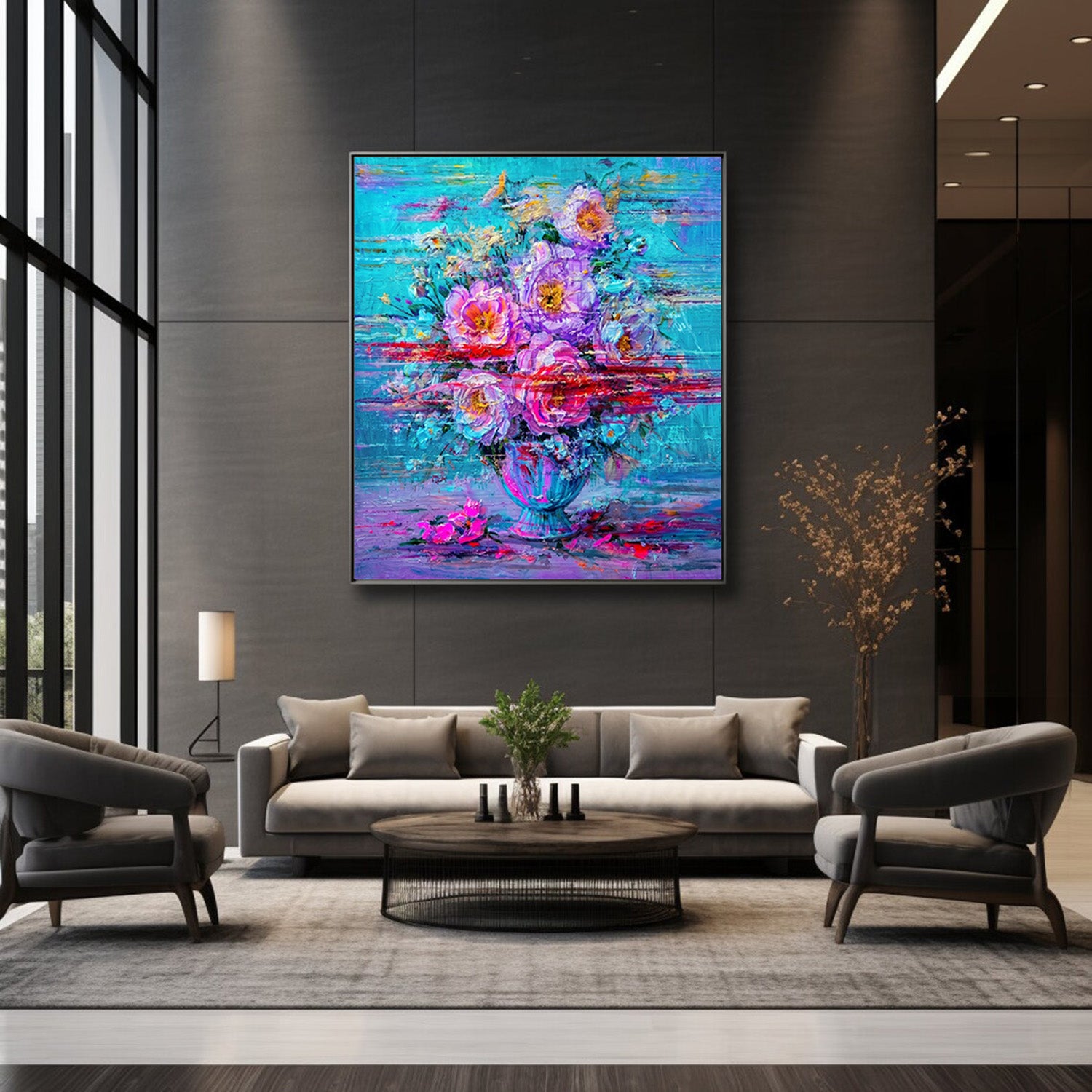 Hand-painted abstract floral artwork in contemporary dark interior with modern furniture, emphasizing bold colours and texture