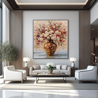 Hand-painted floral wall art in elegant luxury living room with neutral tones, soft lighting and refined interior design