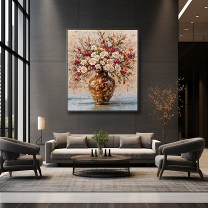 Hand-painted abstract floral artwork displayed in modern luxury living room with dark wall and designer furniture