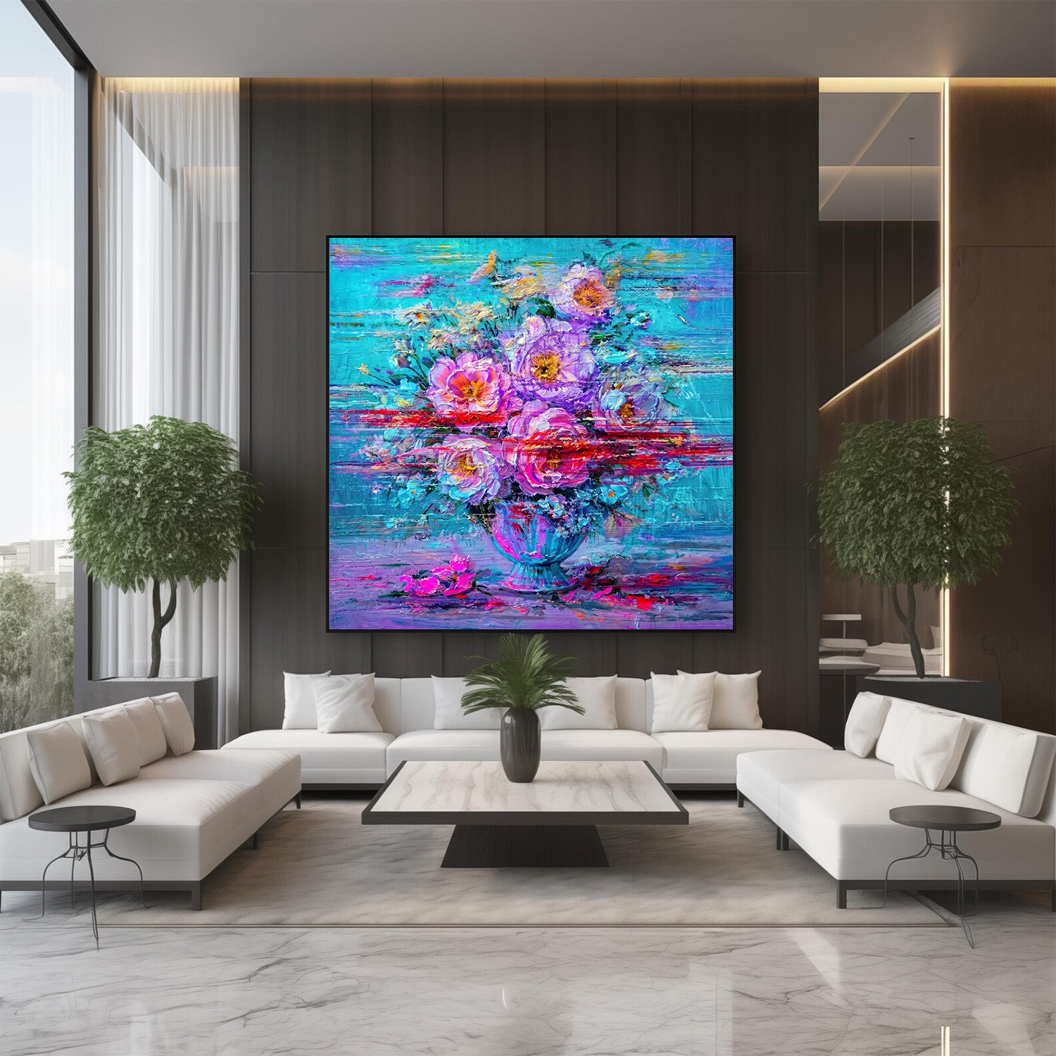 Hand-painted abstract floral painting displayed in luxury living room with dark wall, modern sofa and statement interior styling