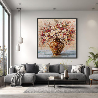 Hand-painted floral painting above grey sofa in modern minimal living room, showcasing warm tones and textured brushwork