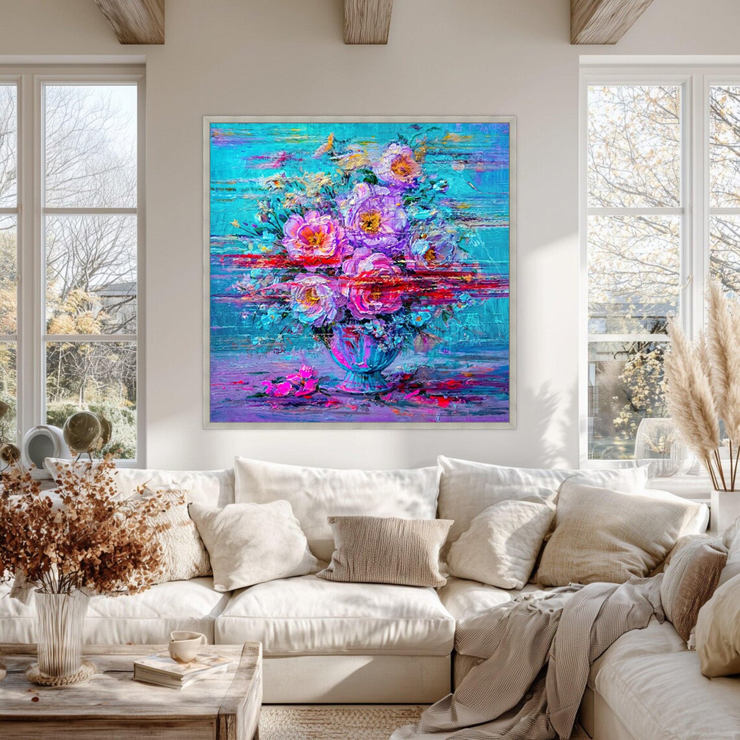 Hand-painted abstract floral painting in sunlit living room with large windows, soft textures and warm neutral decor