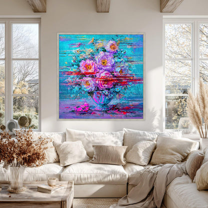 Hand-painted abstract floral painting in sunlit living room with large windows, soft textures and warm neutral decor
