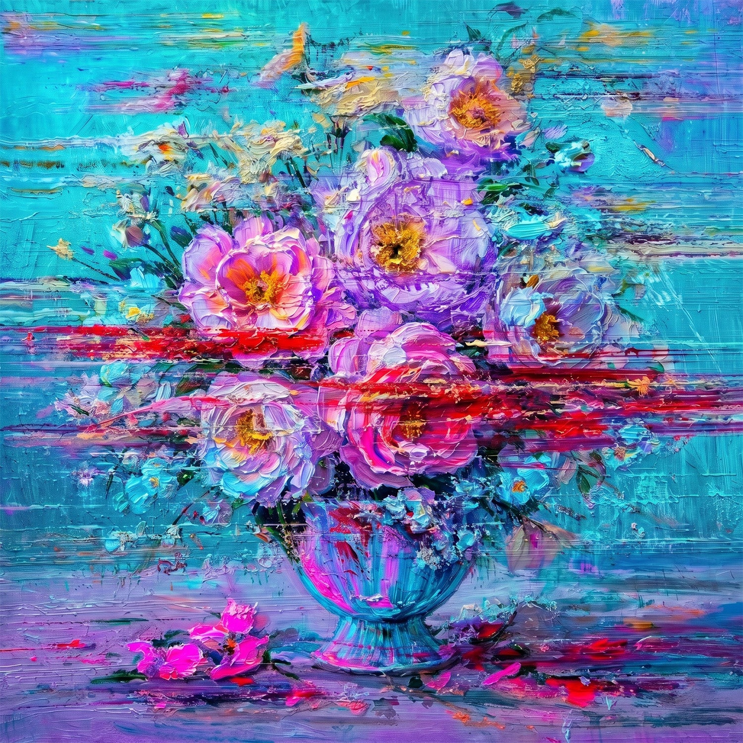 Hand-painted abstract floral painting with pink and purple flowers in a turquoise vase, bold red accents and textured brushstrokes