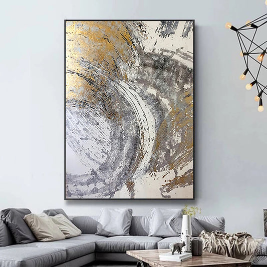 Abstract Gold and Grey Swirl Painting Modern Living Room Decor