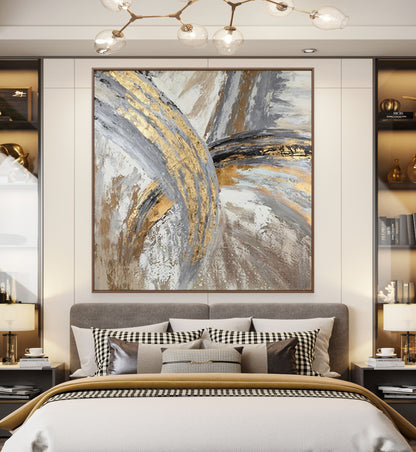 Abstract Gold Grey Crossroads 3D Textured Painting | Modern Wall Art