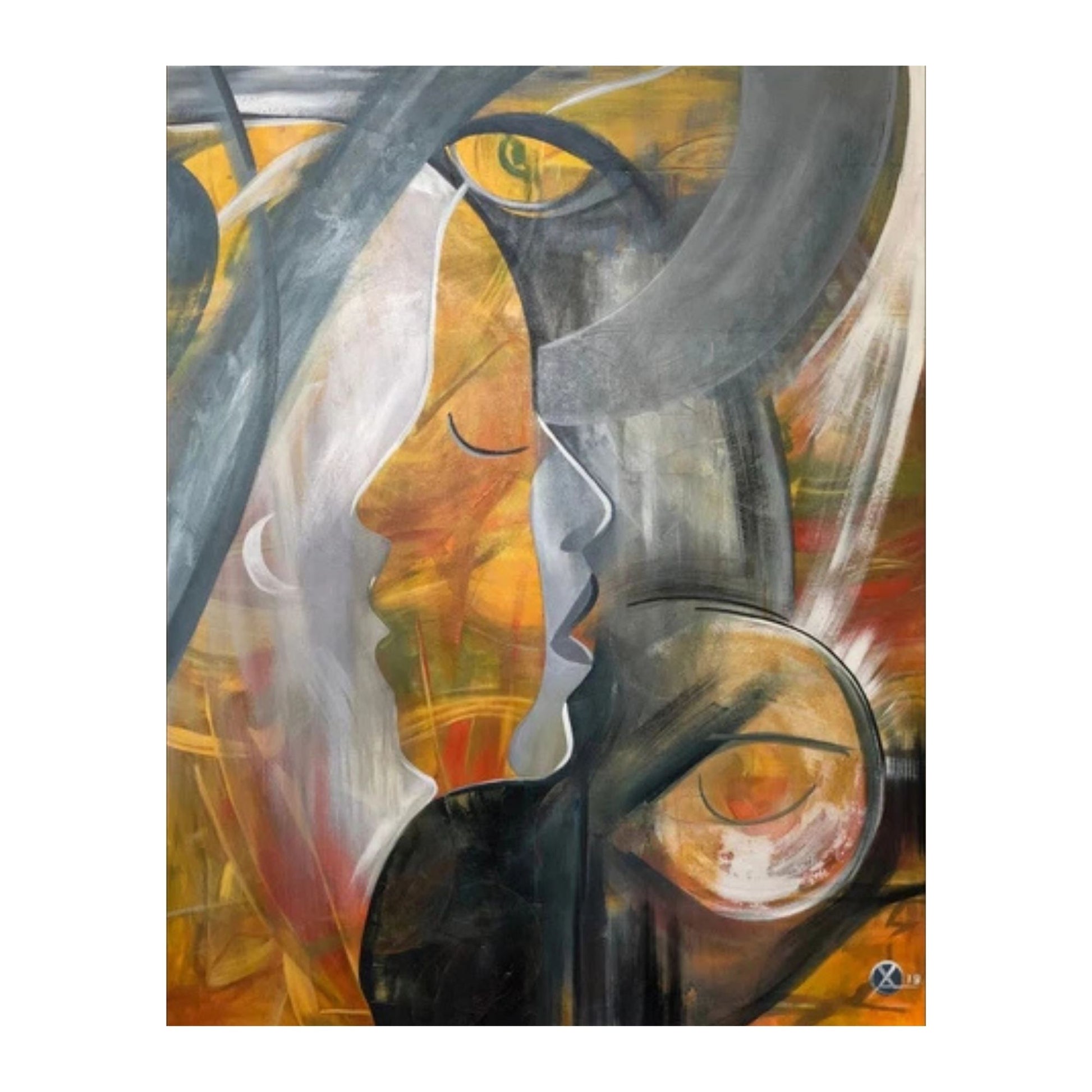 Hand-painted abstract silhouettes in yellow and grey tones on textured canvas – modern figurative art