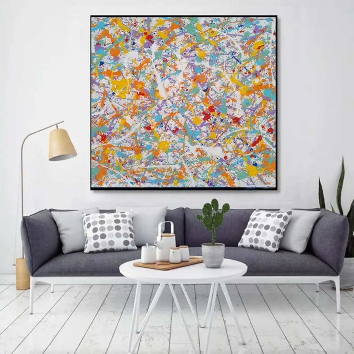 Abstract Rainbow Splashes White Canvas Contemporary Art