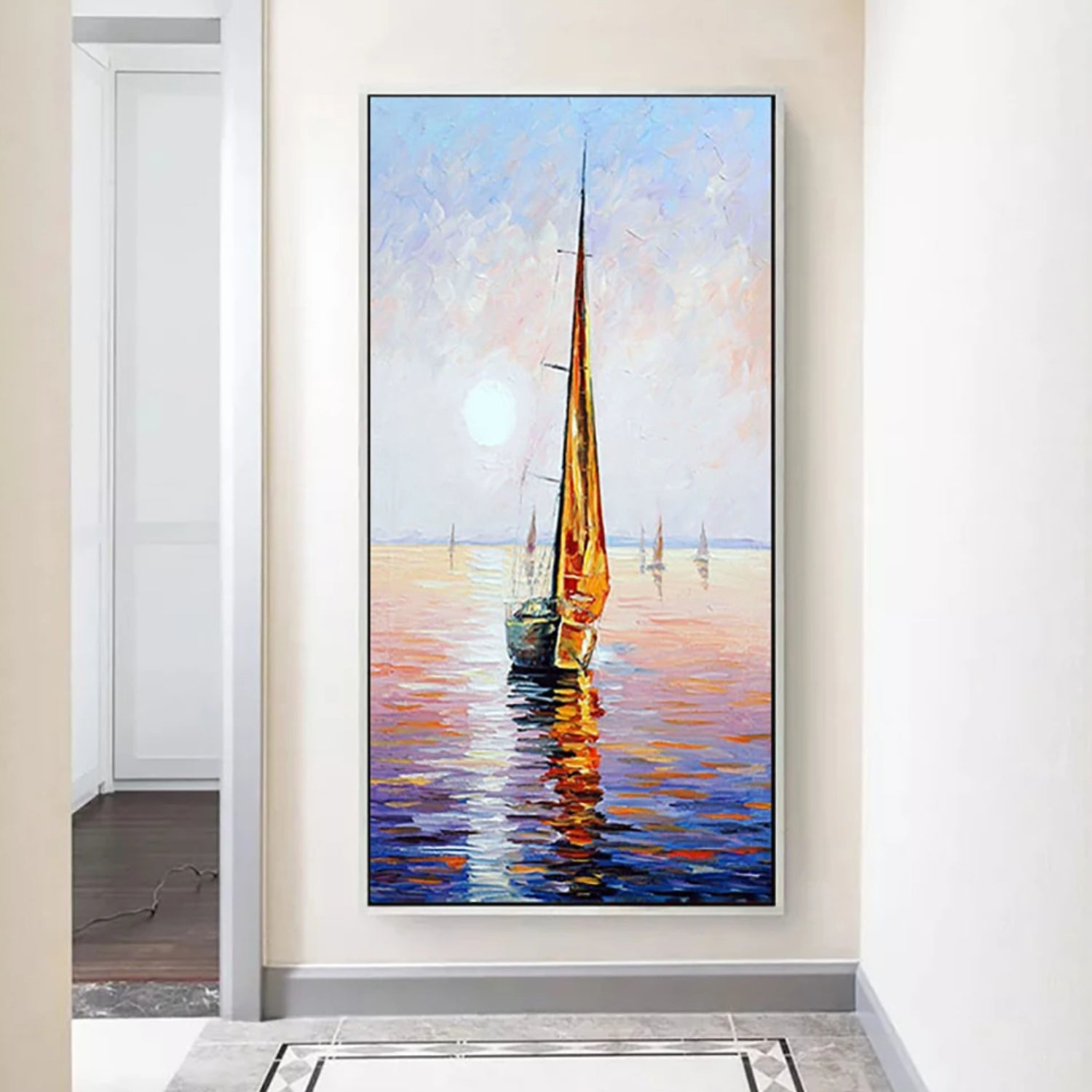 Abstract Sea Sailboat Textured Sunset Wall Decor Painting