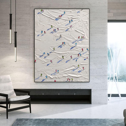Abstract wall art with people on a textured background in a modern living room.
