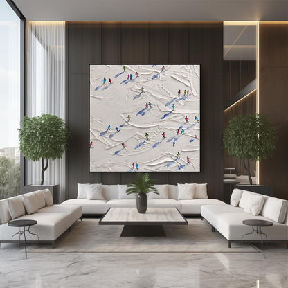 Modern living room with white sectional sofa, abstract art on wall, and decorative plants.