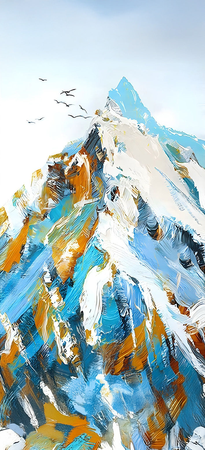 Abstract painting of a mountain landscape with blue, white, and brown colors.