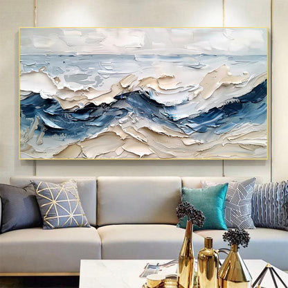 3D Abstract Ocean Wave – Hand-Painted Blue & Beige Coastal Impasto Wall Art