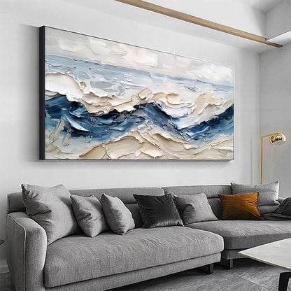 3D Abstract Ocean Wave – Hand-Painted Blue & Beige Coastal Impasto Wall Art