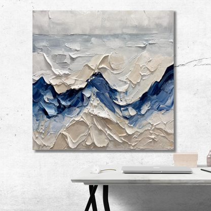 3D Abstract Ocean Wave – Hand-Painted Blue & Beige Coastal Impasto Wall Art