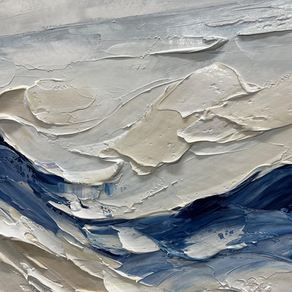 3D Abstract Ocean Wave – Hand-Painted Blue & Beige Coastal Impasto Wall Art