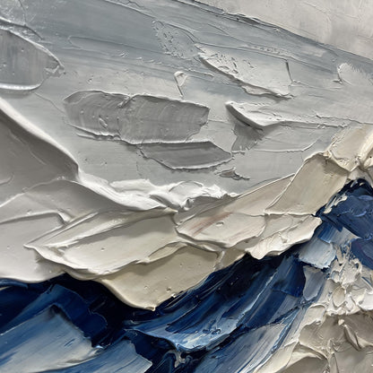 3D Abstract Ocean Wave – Hand-Painted Blue & Beige Coastal Impasto Wall Art