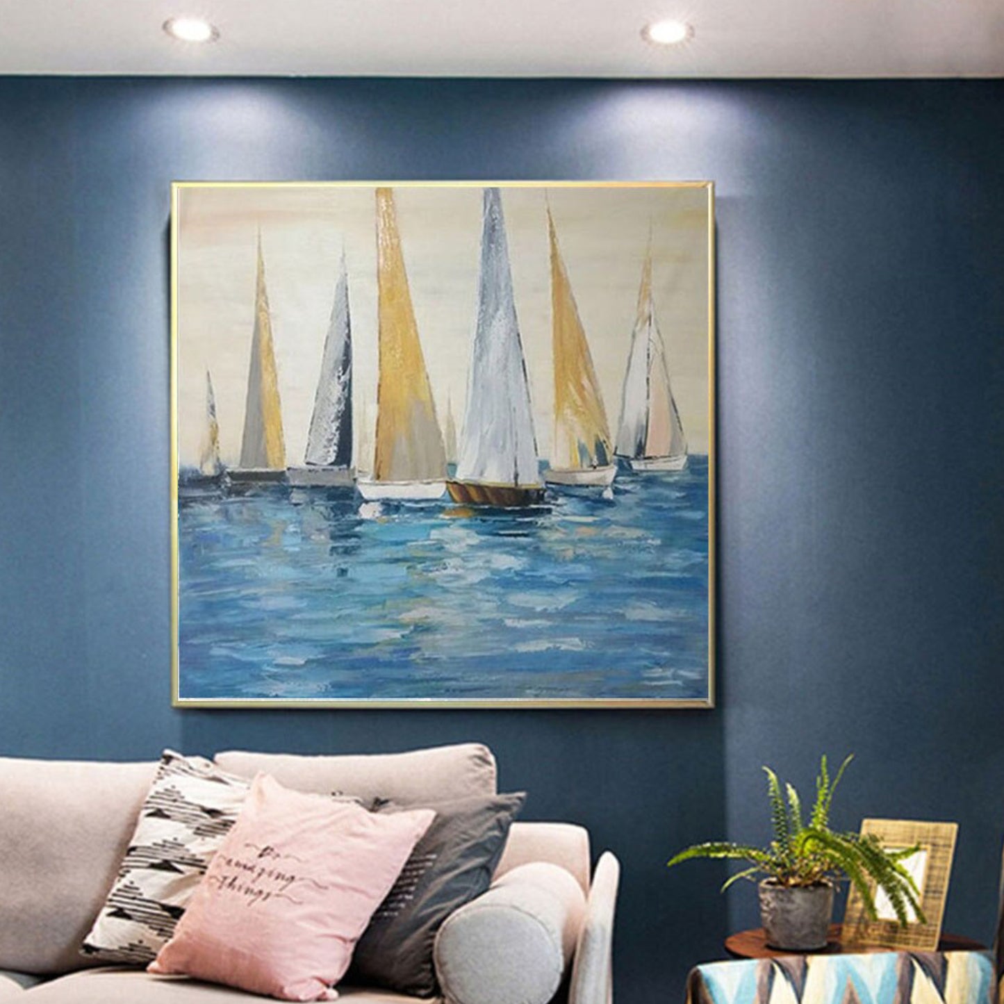 Abstract Waves and Sailboats Ocean Acrylic Painting