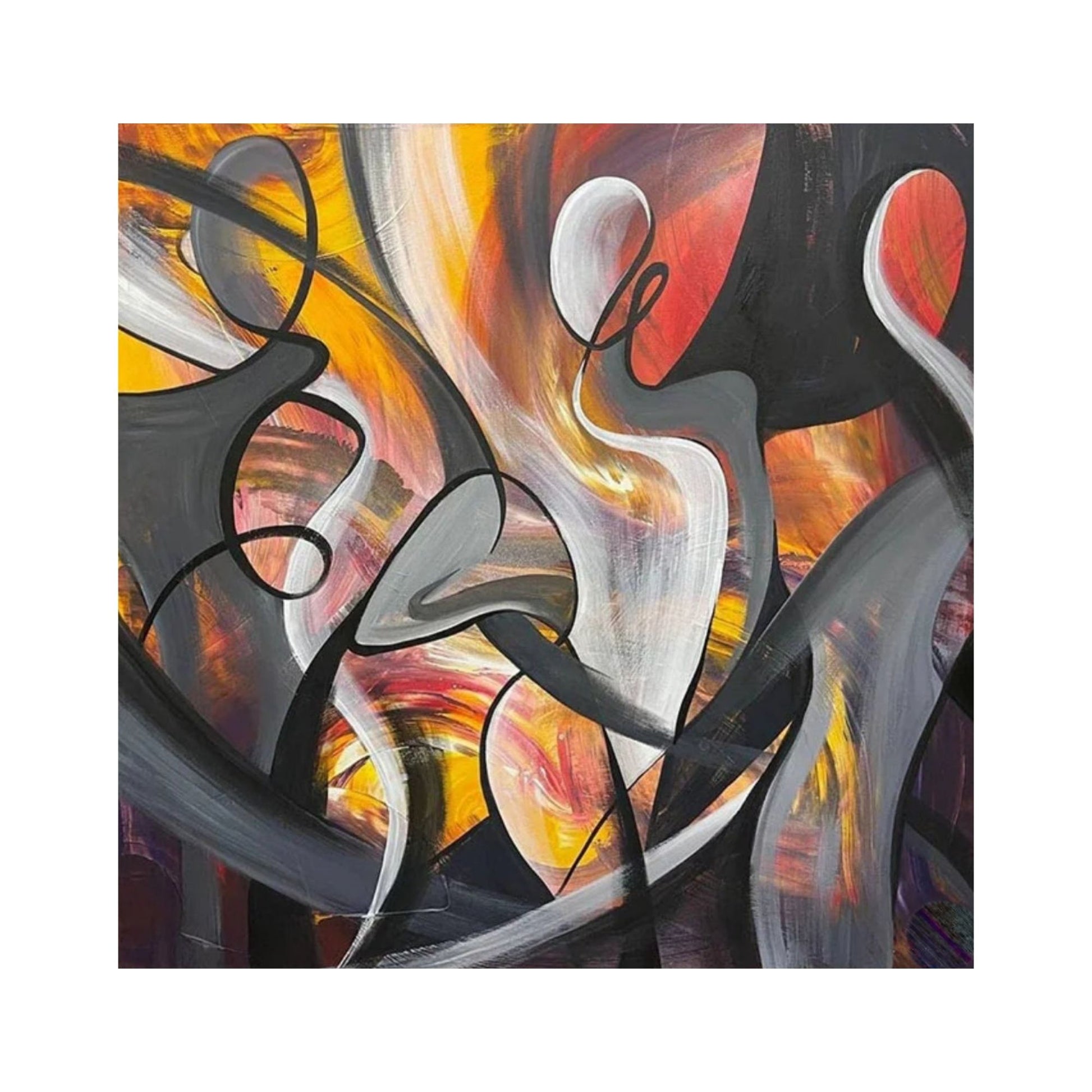 Hand-painted abstract figures in grey and orange tones on canvas