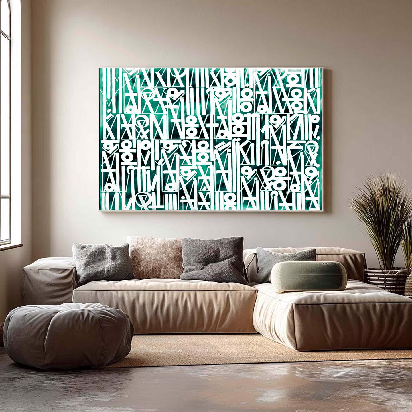 Abstract art piece on a wall above a sofa in a living room