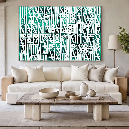 Modern living room with a large abstract painting above a white sofa.