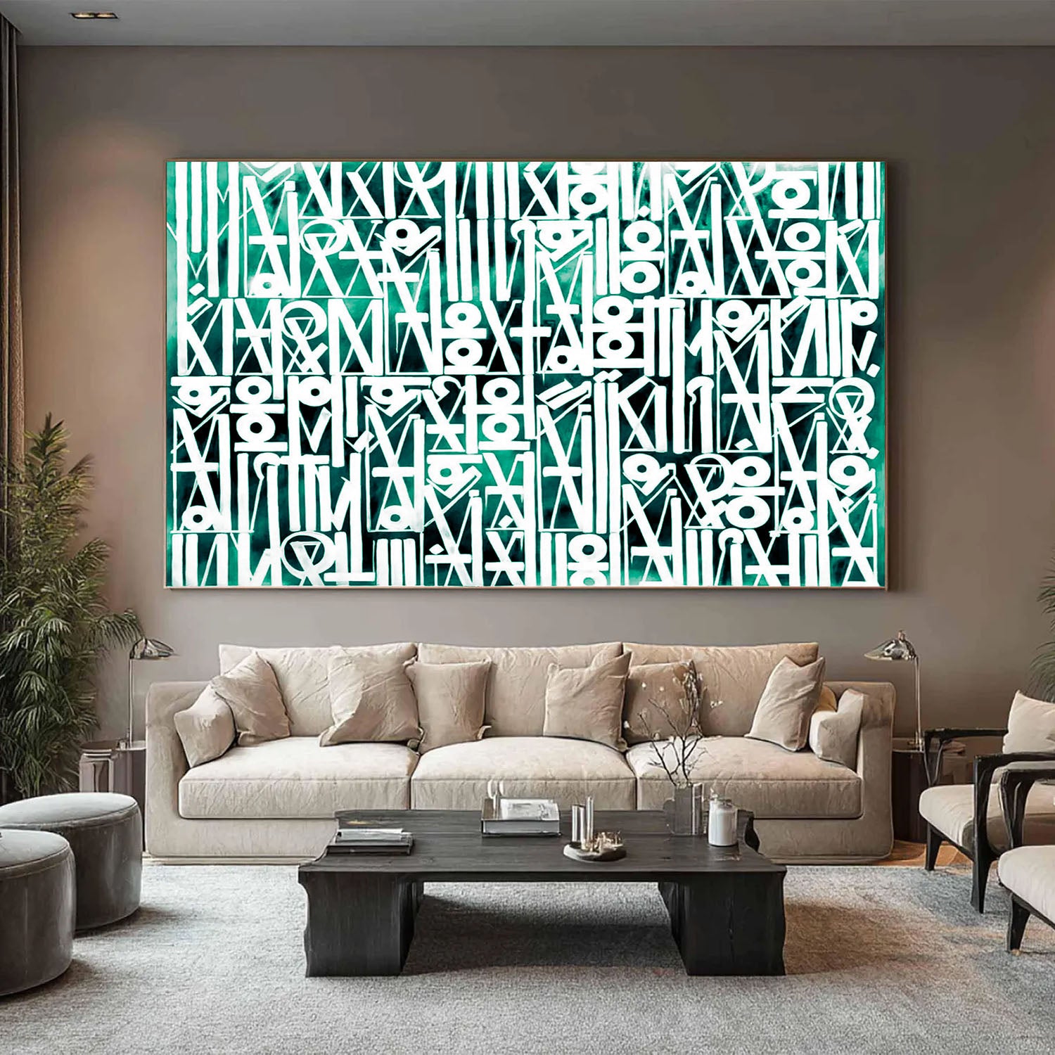 Modern living room with a large abstract painting on the wall.