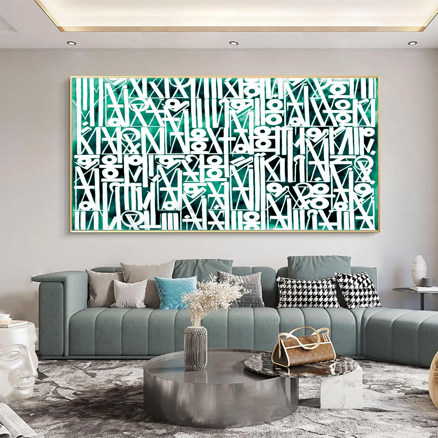 Abstract artwork with geometric patterns in a modern living room.
