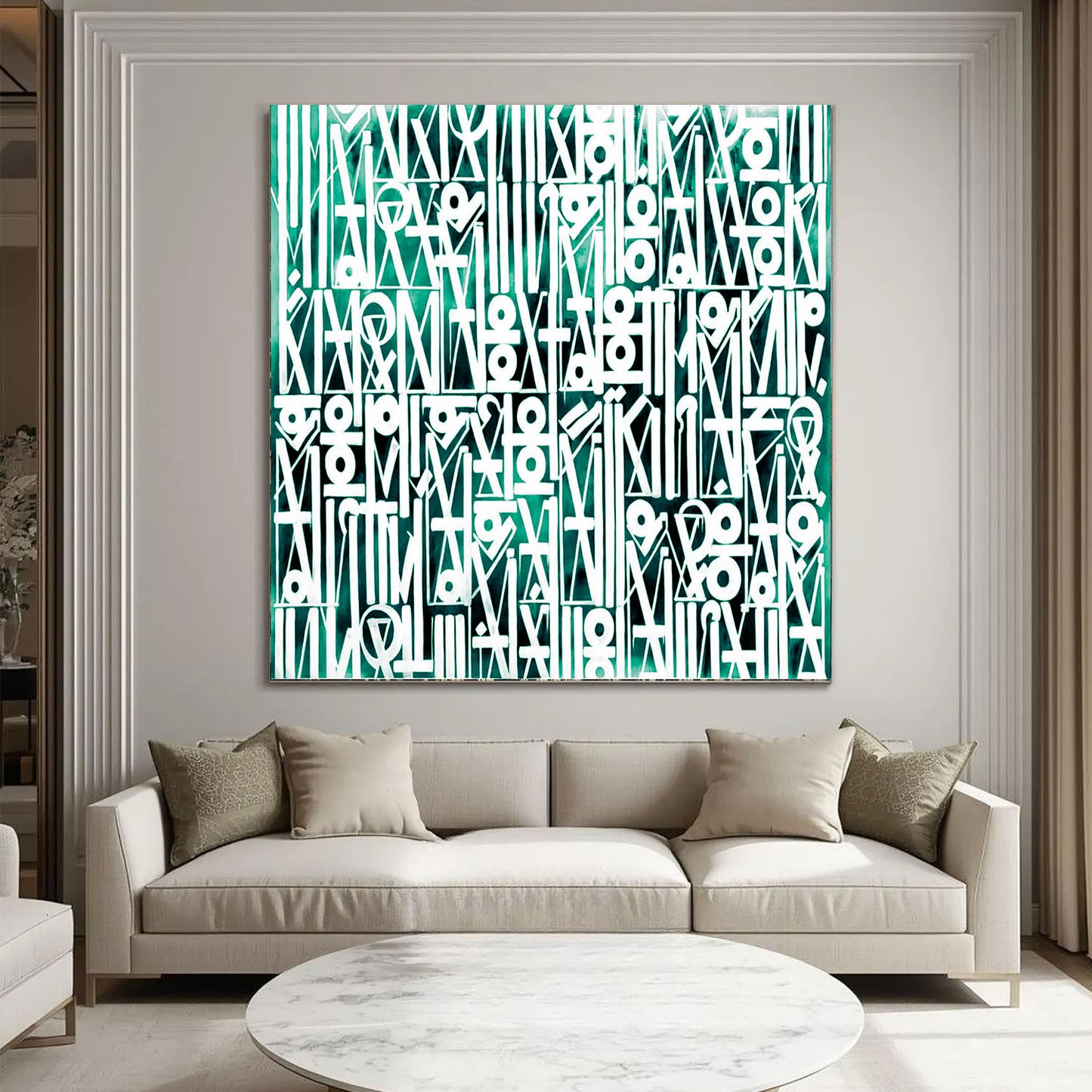 Abstract artwork with geometric patterns in green and white on a wall above a beige sofa.