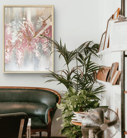 Golden Petals – Blush, Grey & Gold Hand-Painted Abstract Canvas