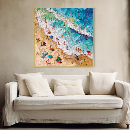 Coastal Bliss Aerial Beach View with Umbrellas and Swimmers