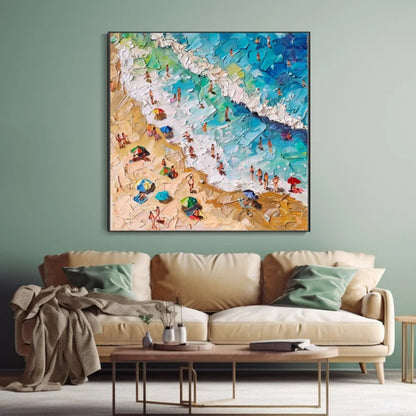 Coastal Bliss Aerial Beach View with Umbrellas and Swimmers
