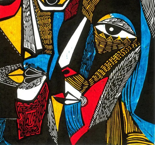 Close-up of angular faces and striped geometric shapes in red, blue, yellow, white and black.