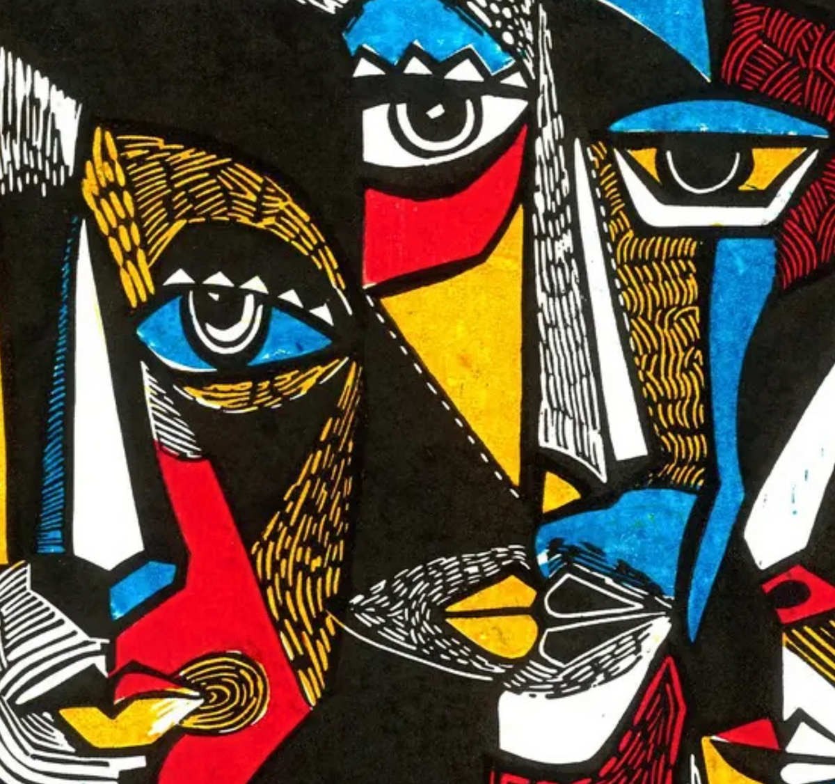Detail of fragmented faces, eyes and striped patterns in blue, yellow, red, white and black.