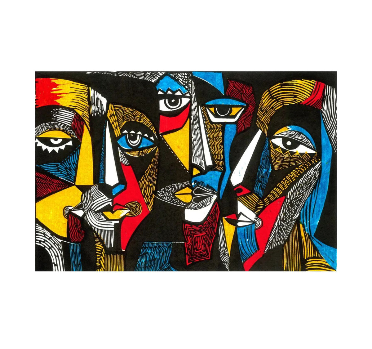 Artwork showing angular faces and geometric patterns in red, blue, yellow, white and black.