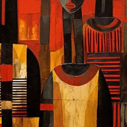 Detail of geometric clothing and elongated figures in red, yellow, ochre and black.