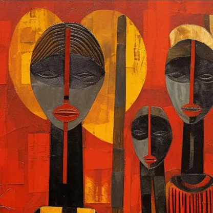 Detail of elongated faces in black, red and ochre with gold-coloured circular backgrounds.