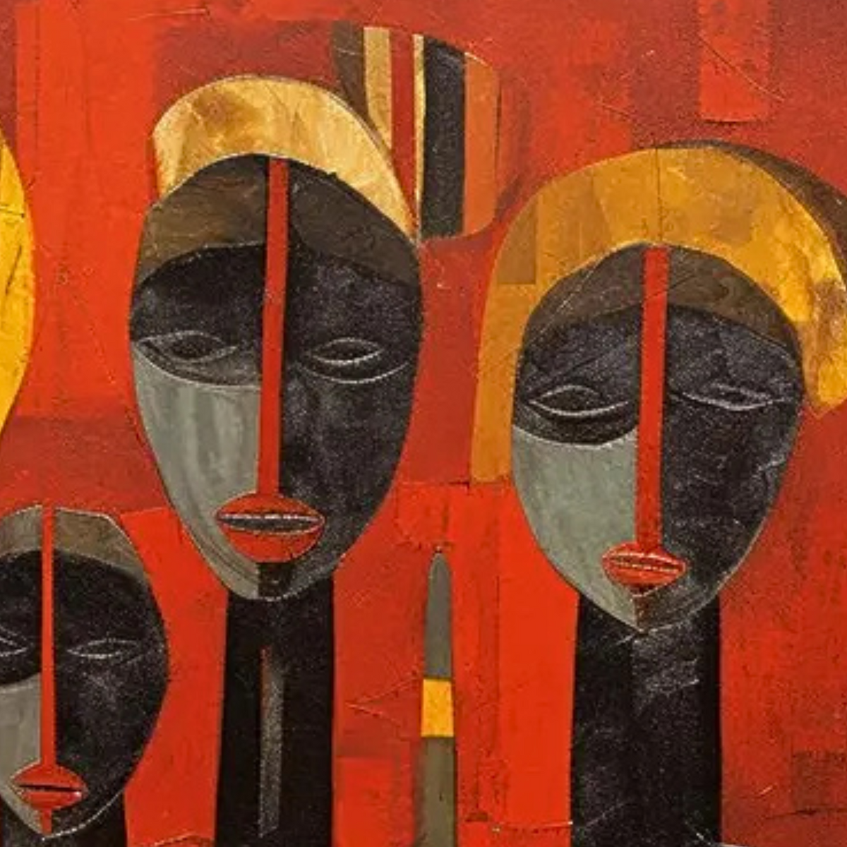 Close-up of stylised faces in red, ochre and black.