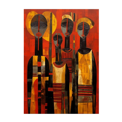 Hand-painted canvas showing elongated geometric figures in red, ochre, gold and black.