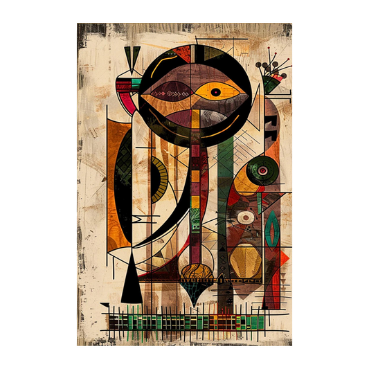 Hand-painted canvas showing an eye motif surrounded by beige, ochre, brown, green and black geometric forms.