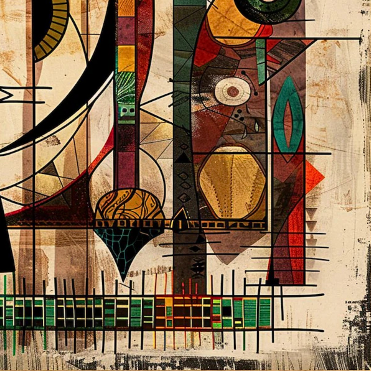 Detail of earthy geometric forms, patterned shapes and green accents on a beige ground.