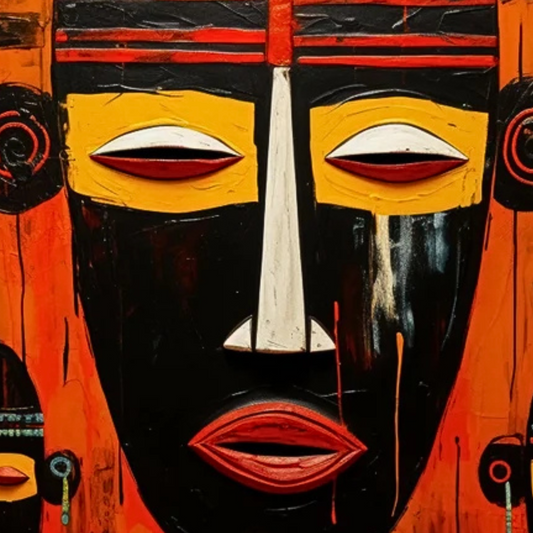 Detail of the central black mask with yellow eye panels, a pale nose and red lips.